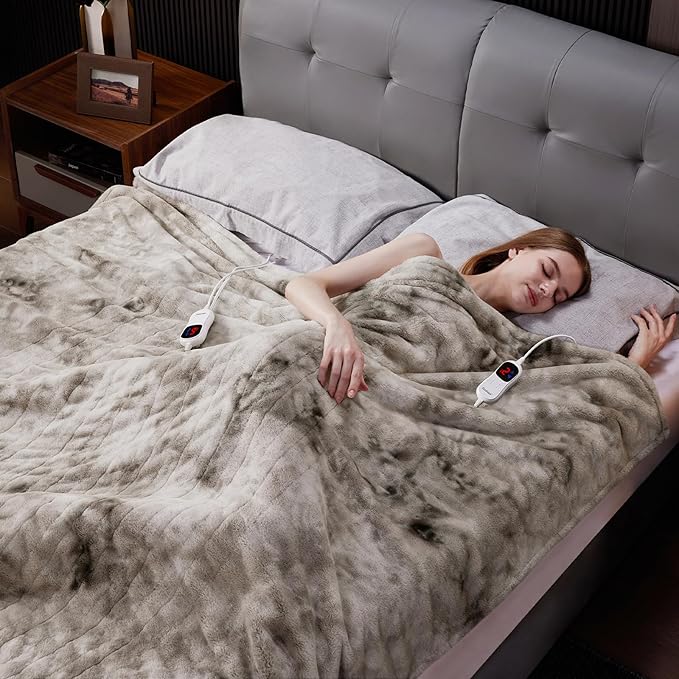 Guohaoi Heated Blanket Electric Throw, Soft Faux Rabbit Fur Electric Blanket with 10 Heating Levels 5 Sitting Timer Auto Off, Dual-Controller Heating Blankets, Machine Washable(84"×90" Light Grey)