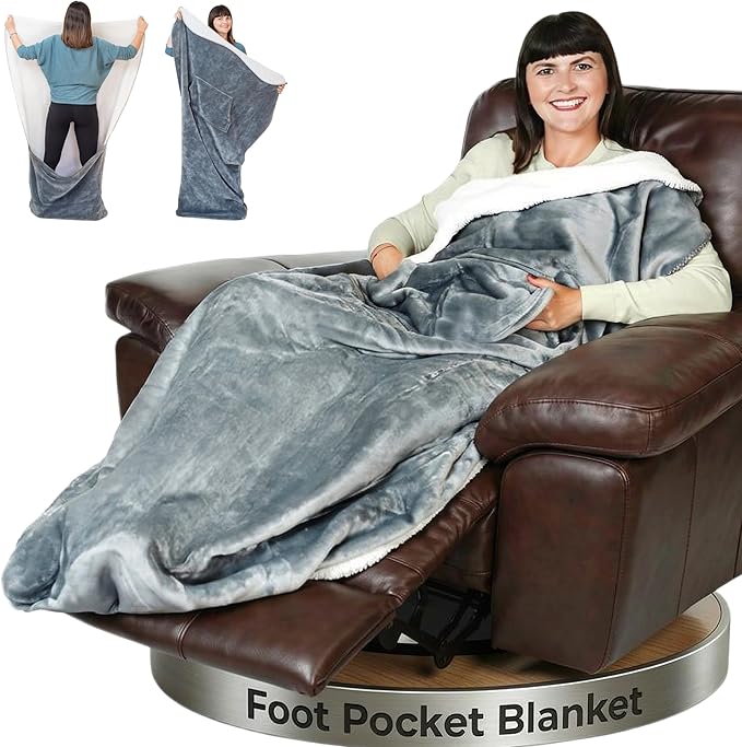 Premium Double Layer Foot Pocket Blanket -Patent Pending- Gamer Gift for Men Who Have Everything - Father's Day Useful Gifts for Dad Who Wants Nothing (Double Layer, Silver Grey)