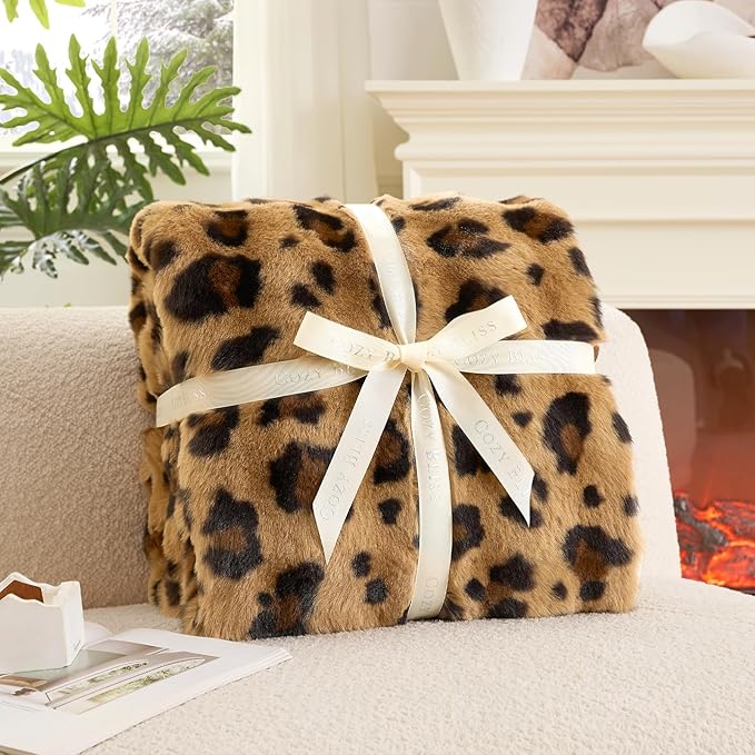 Cozy Bliss Cheetah Leopard Print Faux Fur Throw for Couch, Fuzzy Soft Plush Thick Bubble Blanket for Sofa Bedroom Living Room, 50x60 Inches Brown