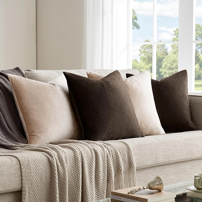 GIGIZAZA Decorative Velvet Pillow Covers - 16x16 Throw Pillows Soft Brown Champagne Beige Covers Accent for Couch Living Room Bed Square Modern Luxury Cushion Covers Home Decor Set of 4