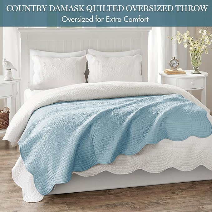 Madison Park Luxe Quilted Throw Blanket - Damask Stitching Design, Cotton Filled Spread, Ultra Soft, Cozy Bedding for Living Room Couch, Sofa, Bed, 60x72, Scalloped-Border Blue