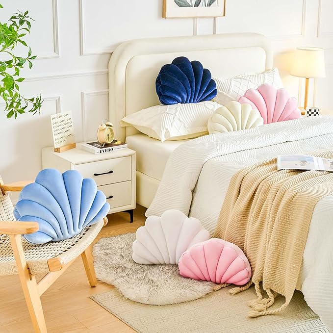 Lfsaaj White Seashell Throw Pillows, Shell Shaped Throw Pillows, 18 Inch Soft Velvet Home Decorative Pillow Plush Cushion for Bed Couch Living Sofa Room Decor Accent Throw Pillow