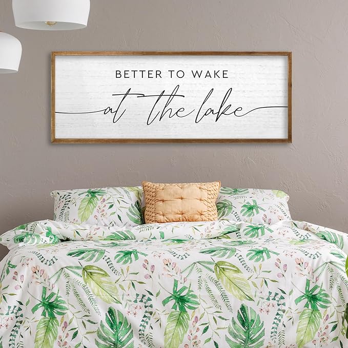 TQianJiang Lake House Decor Better To Wake At The Lake Sign 40"×15" for Bedroom Above Over Bed Large Country Home Cabin Farmhouse Rustic Quote Wood Framed Wall Hanging Art (Wood)