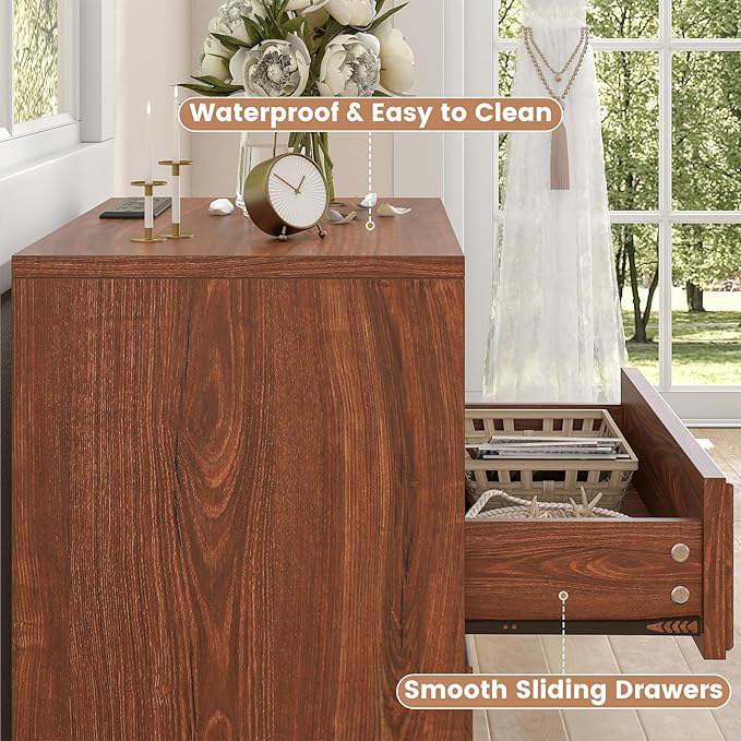 Farmhouse Nightstand with Charging Station, 21.7" Wide End Table with 2 Drawers & Open Compartment, Cherry Wood Side Table, Bedside Table for Bedroom, Living Room, Sofa