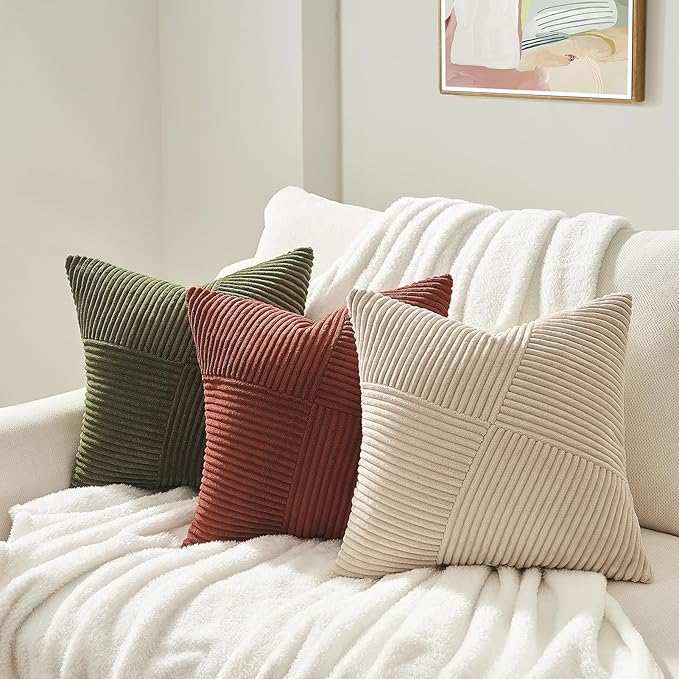 Topfinel 24x24 inches Pillow Covers Set of 2 Olive Green Corduroy Decorative Throw Pillow Covers for Sofa Couch Bed, Windmill Textured Striped Patchwork Couch Spring Pillow Case 60x60 cm