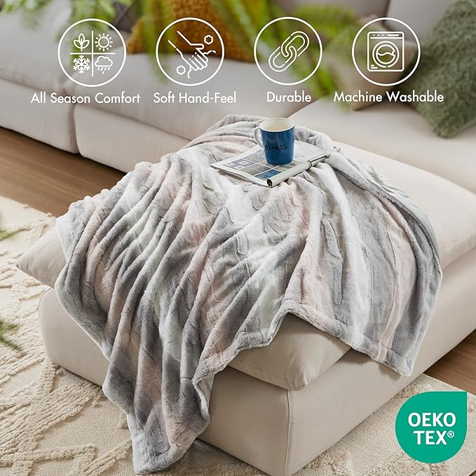 Madison Park Soft Faux Fur Blanket, Plush Reversible Throw for Home Decor, Luxuriously Soft All Seasons Fuzzy & Cozy Knitted Throw, 50x60 Blush/Grey