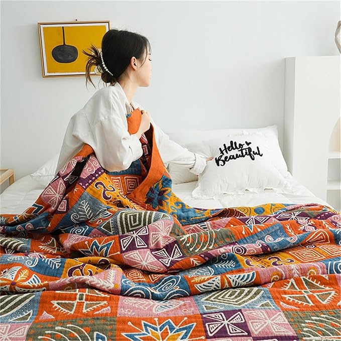 MSGKV Spring Cotton Throw Boho Blanket for Couch Bed, 60''x80'' Muslin Brathable Lightweight Travel Decor Blanket for Bedroom