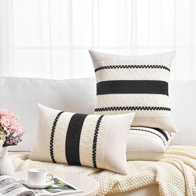 Fancy Homi Set of 2 Boho Black Long Lumbar Decorative Throw Pillow Cover 12x24 Inch for Couch Bed Sofa Chair, Modern Organic Farmhouse Home Decor, Soft Cotton Cute Accent Rectangle Cushion Case