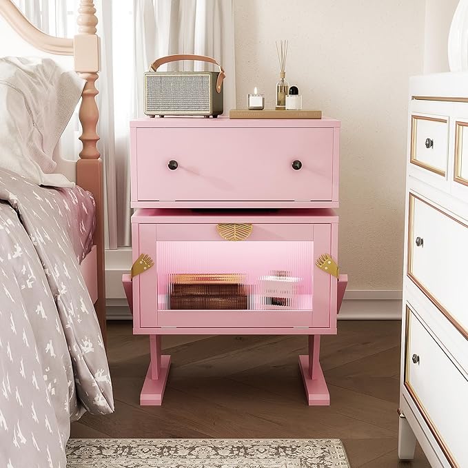 RoyalCraft Nightstand with LED Light Strips, Pink End Table with 360° Rotating Drawer, Modern Bedside Table with Glass Door Storage, Wood Night Stand Cabinet for Bedroom, Home Office, Pink
