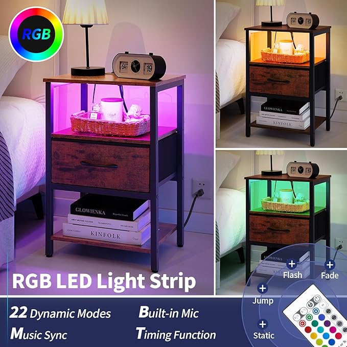 Yoobure End Table with Storage, LED Nightstand with Charging Station, Side Tables Living Room, 3-Tier Wood Bedside Table with Adjustable Fabric Drawer, Night Stand for Bedroom, Brown