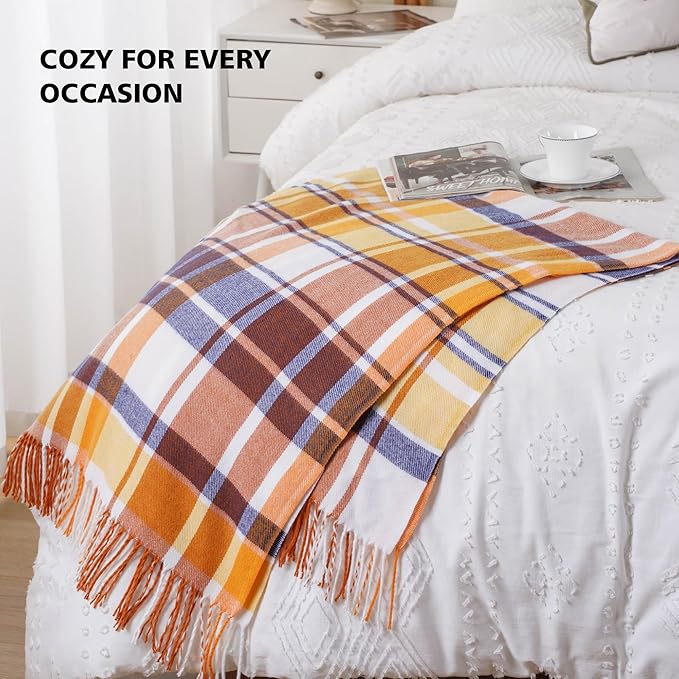 BATTILO HOME Fall Plaid Throw Blanket for Couch Bed, Decorative Orange Fall Blankets, Buffalo Checkered Plaid Blankets and Throws Farmhouse Style for Home Fall Decor 50"x60"