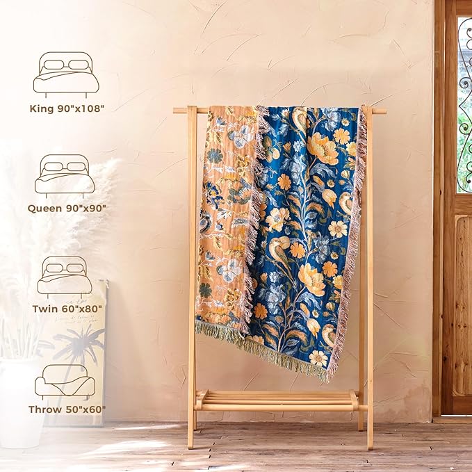 Boho Throw Blanket for Couch Sofa Chair Cotton Spring Blankets for Bedroom Living Room All Season Soft Lightweight Reversible Floral Bird Embroidery Decorative Throws 50"x60"