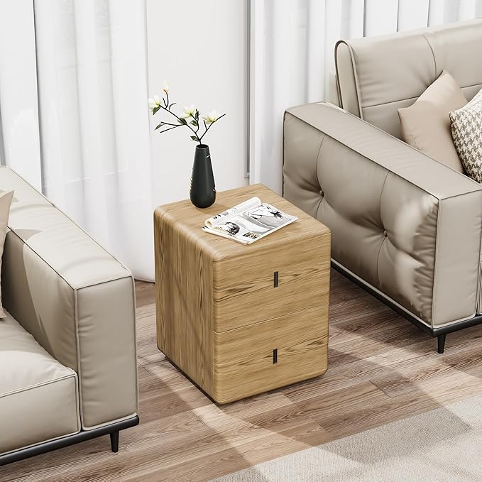 VICITON Narrow Nightstand with Drawers, Faux Leather Bedside Table, Solid Wood Drawer, Small Side Table for Bedroom (Leather Yellow Oak, 15.7" x 15.7" x 19.7")
