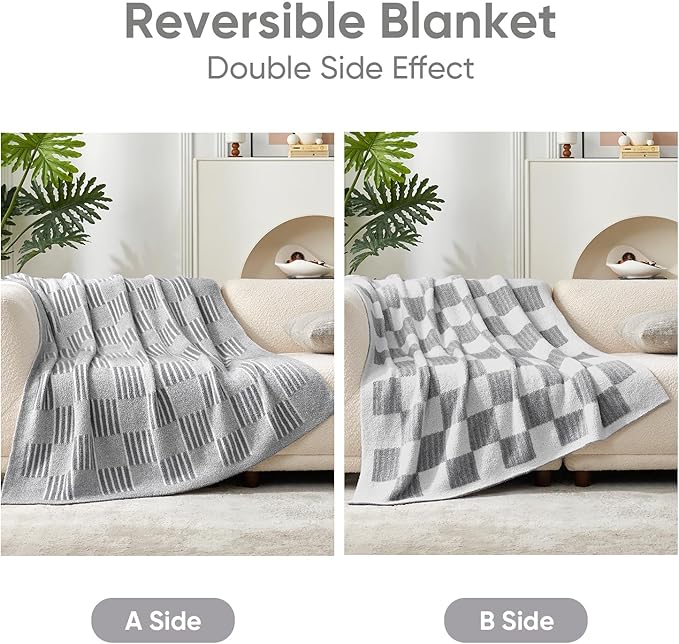 Snuggle Sac Checkered Throw Blanket for Couch,Reversible Soft Cozy Fluffy Blankets for Sofa Bedroom,Cute Lightweight Striped Throws for Women,Heather Light Grey,60x80 inches