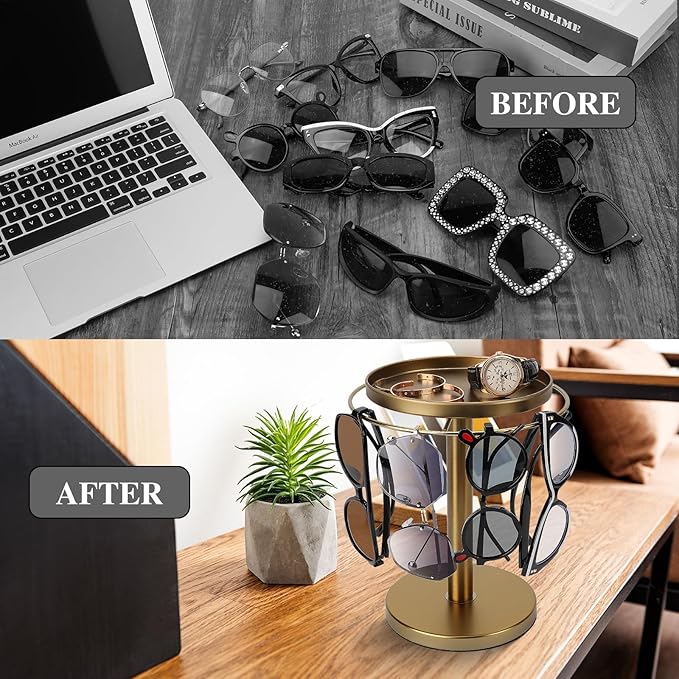 360° Rotating Sunglass Organizer Storage, Stainless Steel Glasses Holder Stand, Glasses Organizer with Tray for Desk, Dresser, Tabletop, Nightstand and Home Decor (Gold)