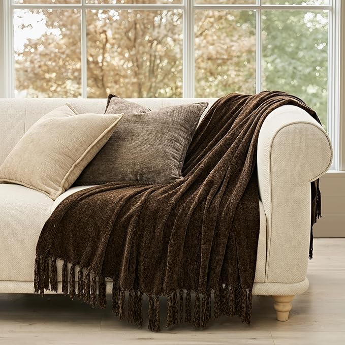 EverGrace Soft Chenille Throw Blanket for Couch, Cozy Plush Fuzzy Decorative Chenille Knit Throw Blanket with Tassels, Lightweight Blanket and Throws for Bed Sofa Gift Home Decor, Dark Brown 50"x60"