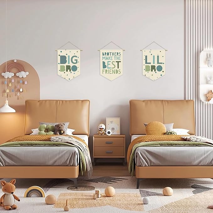 Boy Nursery Decor Canvas Banner,Brothers Make The Best Friends Bedroom Playroom Wall Art Decorations,Boho Twin Room Sign,Big Bro Lil Bro, Sage Green Blue Kids Room Wall Hanging Pennant Banner