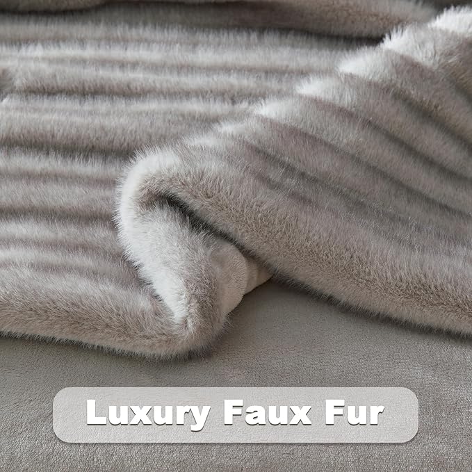 NEWCOSPLAY Faux Fur Throw Blanket Grey Luxury Fluffy Thick Warm Blanket for Couch Sofa Bed 1000GSM (Stripe Grey Thick, Throw(50"x60"))