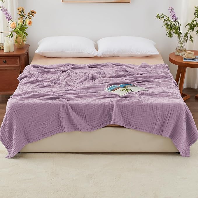 Love's cabin 100% Cotton Muslin Blanket, 6 Layer Lightweight Breathable Gauze King Size Blanket 108 x 90 Inches, Soft Summer Blanket for Bed, Lavender