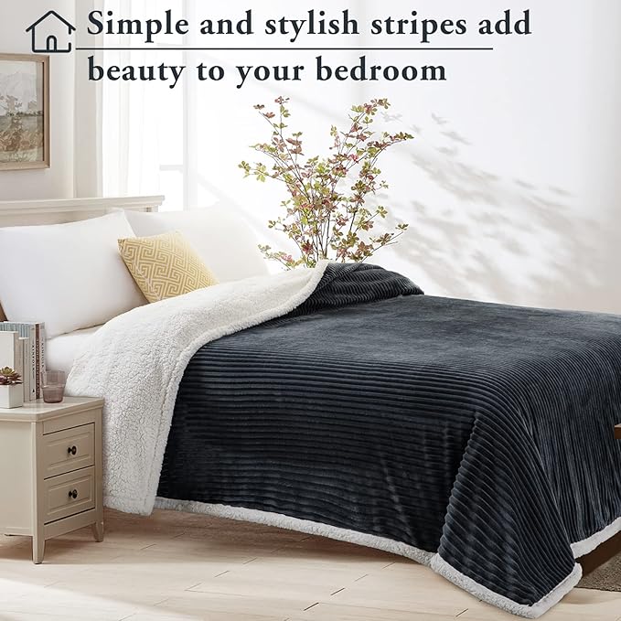 LBRO2M Striped Sherpa Fleece Bed Blanket King Size, Super Soft Fuzzy Plush Warm Cozy Fluffy Microfiber Couch Throw Velvet Double Reversible Luxurious Blankets (90x104), Dark Grey