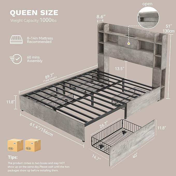 DWVO Queen Size Bed Frame with Bookcase Headboard and 4 Storage Drawers, RGB LED Bed Frame with Type-C & USB Charging Station Storage Headboard Bed, No Box Spring Needed, Noise Free, Grey