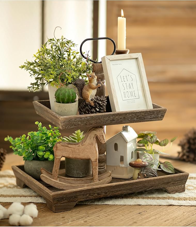 Hanobe Tiered Tray for Table Decor: 2 Tier Sunflower Decorative Tray Stannds for Table Centerpieces - Rectangle Farmhouse Serving Stand for Coffee Bar, Rustic Brown