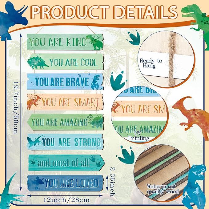 Inspirational Girl Room Decor Aesthetic Art Wall Hanging Sign Inspiring Colorful Rainbow Wooden Decoration for Kids Teens Toddler Boy Baby Bedroom Nursery Dorm Decor, 6-12 Years old (Dinosaur)
