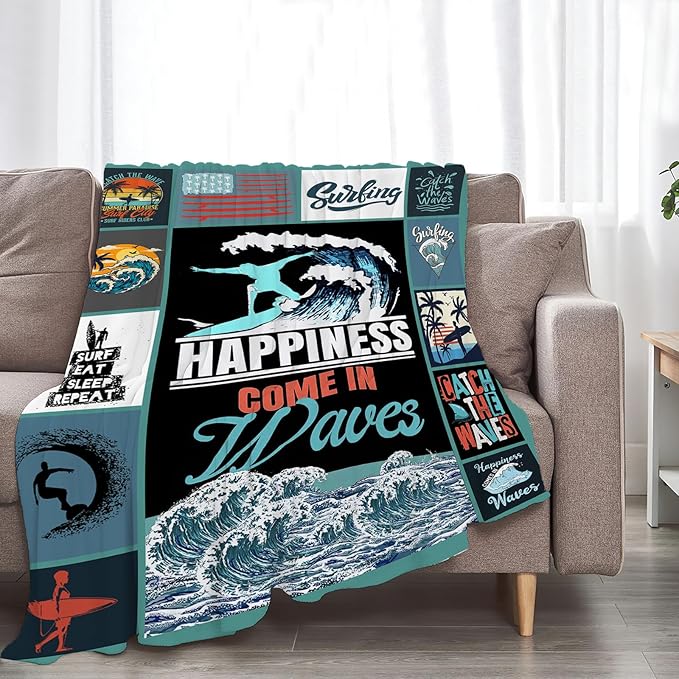 Surfing Blanket Surfing Surfboard Throw Blankets Decor Stuff Cozy Flannel Fleece Soft Plush Fuzzy Warm Lightweight Bedding Ocean Lovers Gifts for Women Girls Kids 80"X60"