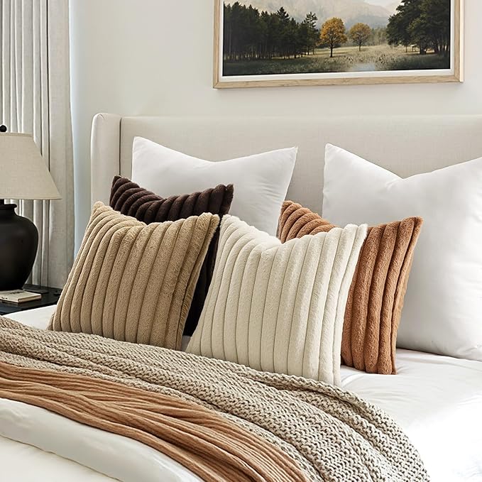 MIULEE Faux Fur Plush Decorative Throw Pillow Covers 18x18 Set of 4, Boho Farmhouse Soft Fuzzy Striped Cushion Covers for Sofa Couch Bed Living Room Vintage Rustic Home Decor,Brown