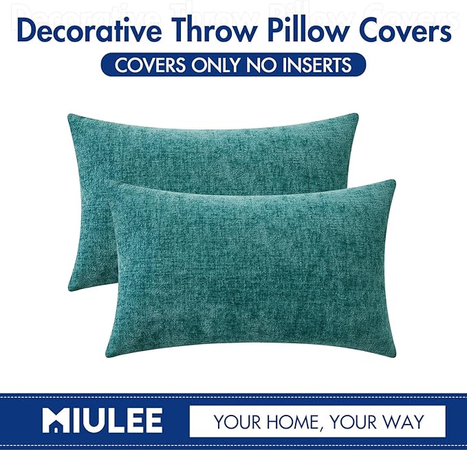 MIULEE Pack of 2 Couch Throw Pillow Covers 12x20 Inch Soft Teal Chenille Lumbar Pillow Covers for Sofa Living Room Solid Dyed Cases