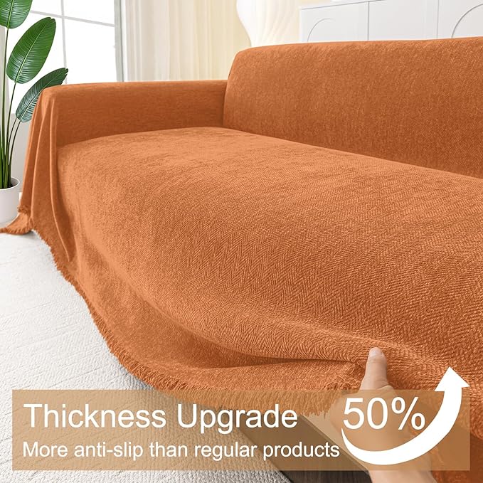 Smiry Couch Cover for Dogs, Washable Chenille Sofa Covers for 3 Cushion Couch, Soft Sofa Slipcover for Pets, Thick Sectional Furniture Protector with Tassels (Orange, 71x134 Inch)