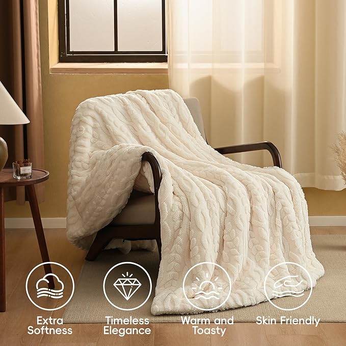 PHF Ultra Soft Sherpa Fleece Blanket King Size 108" x 90", 510GSM Fleece Lightweight Yet Warm Blanket for Winter Bed, No Shedding, No Pilling, Tufted Jacquard for Luxury Home Decor, Natural Cream