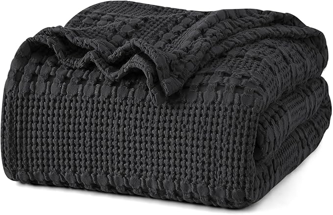 PHF 100% Cotton Waffle Weave Blanket Queen Size for Bed, Soft Lightweight & Breathable for Spring and Summer, All-Season Comfort, Luxury Aesthetic Blanket for Home Decor, 90"x90", Black