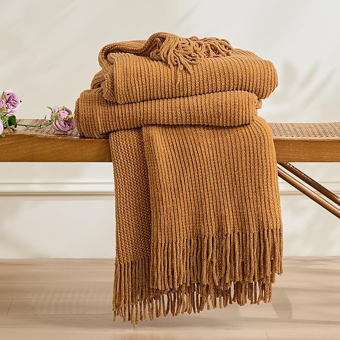 inhand Brown Throw Blanket for Couch Bed,Fall Home Decorative Soft Chunky Chenille Woven Blankets with Tassels,Lightweight Cozy Boho Farmhouse Warm Winter Gifts for Women,50"x60",Extra Thick