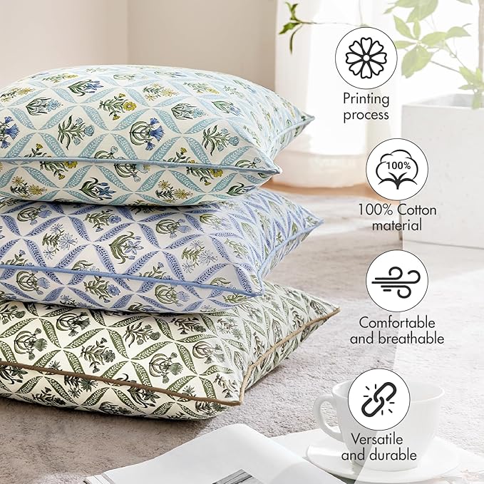 MIULEE Floral Throw Pillow Covers 18x18 Set of 2 Green and Brown Spring Decorative Block Print Cotton Cushion Covers for Couch Living Room, Modern Outdoor Sofa Vintage Garden Pillowcases Home Decor