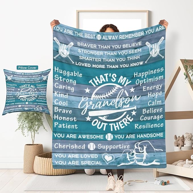 ITFRO Grandson Gift Flannel Fleece Throw Blanket Pillow Cover Set 50x60 Inch Ultra Soft Polyester Blanket 18x18 Inch Plush Pillow Case All Seasons for Birthday Christmas (Blue)