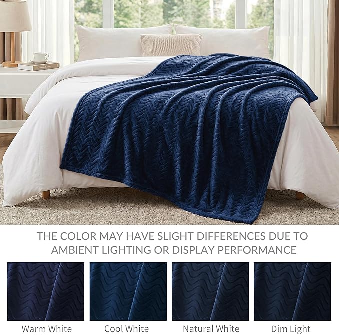Exclusivo Mezcla Queen Blanket for Bed, Cozy Lightweight Fleece Blankets for All Season, Decorative Giftable Fuzzy Plush Wave Textured Suitable for Women, Men, Navy Blue, 90x90 Inches
