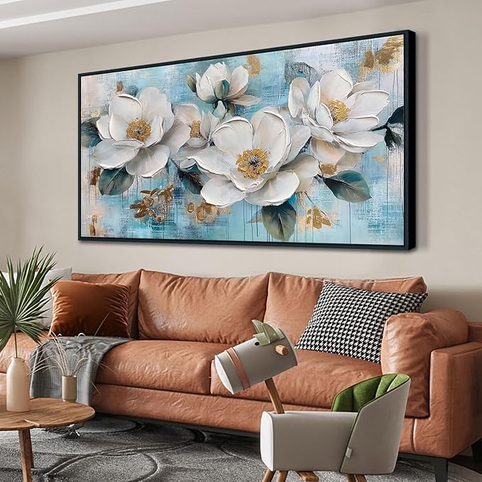 Ardemy Flower Teal Wall Art Framed Canvas for Living Room White Gold Floral Magnolia Canvas Painting, Bedroom Picture Textured Artwork Tranquil Home Office Wall Decor, Large Black Wood 48"x24"