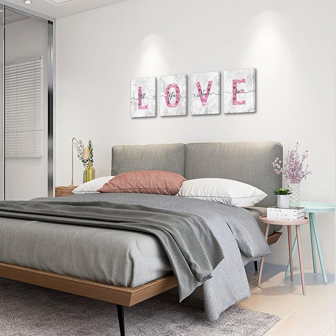 sechars Glam Pink Canvas Wall Art All You Need is Love Sign Decor Fashion Glitter Marble Love Quotes for Girl Women Bedroom Bathroom Valentine's Day Gifts (White)