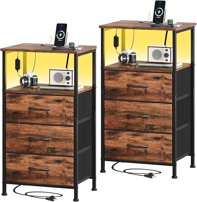 Somdot Nightstands Set of 2,Bedside Tables with Charging Station and LED Lights,Night stand with 3 Fabric Drawers, End Tables with Open Shelf for Bedroom Living Room Entryway Hallway, Wood Grain Print