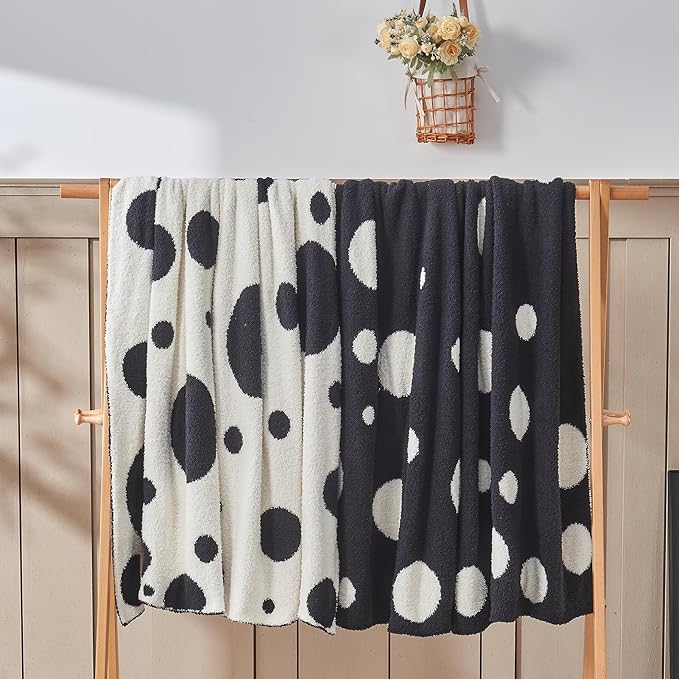 CozeCube Super Soft Fullfy Microfiber Reversible Knitted Blankets, Warm Cozy Fuzzy Plush Throw, Black and White Polka Dot Throw Blanket for Couch Bed Sofa, 50" x 60"