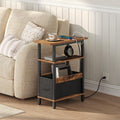 Narrow Side Table with Charging Station, Slim End Table with Fabric Storage, Skinny Nightstand for Small Spaces, Thin Bedside Table for Living Room, Bedroom, Rustic Brown ETHR125E01
