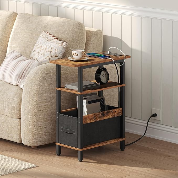 Narrow Side Table with Charging Station, Slim End Table with Fabric Storage, Skinny Nightstand for Small Spaces, Thin Bedside Table for Living Room, Bedroom, Rustic Brown ETHR125E01