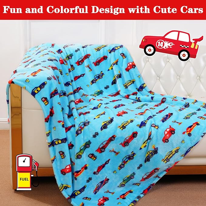 Lukeight Race Cars Toddler Blanket, Plush Cars Throw Blanket for Kids, Thick and Warm Boys Blanket for Teens, 50x60 Inches, Cartoon Cars, 100% Microfiber Polyester, Unisex, Modern, Reversible