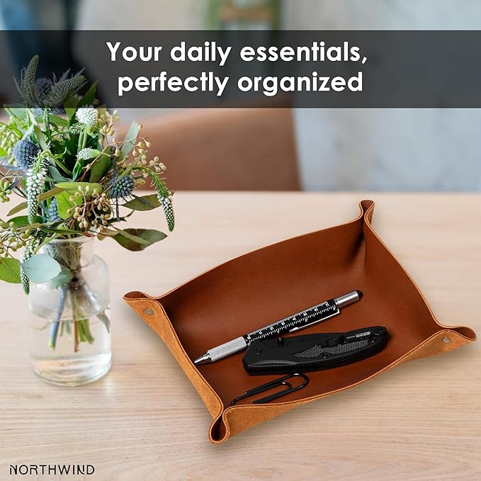 Northwind Personalized Leather Valet Tray – Made in USA - Custom Monogramed Full Grain Leather Catchall Tray for Men, Desk Organizer & Groomsmen Gift, Perfect Storage for Nightstand, Dresser