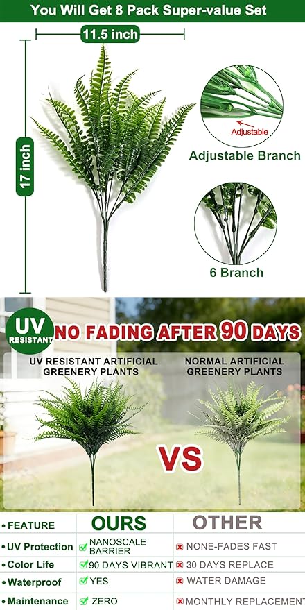 TURNMEON 8 Bundles Ferns Artificial Plants Outdoor 17 Inch Long Length Summer Decor, Artificial Flowers for Outdoors UV Resistant Fake Plants Plastic Faux Greenery Shrubs for Planter Home Garden Decor