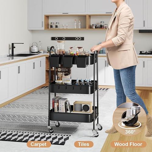 3 Tier Metal Rolling Cart with Lockable Wheels, Black Three Tiered Utility Storage Organizer Carts on Wheels for Bathroom, Kitchen, Laundry, Garage, Office, Craft, Art, Baby, Diaper Caddy, Snack, Book