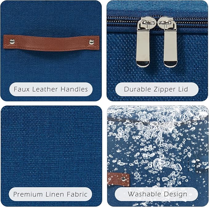 Storage Bins with Zipper Lid Cotton Linen Fabric Lidded Storage Baskets Boxes Foldable Washable Closet Shelf Clothes Organizer Container with PU Leather Handles (Deep Blue, Small)