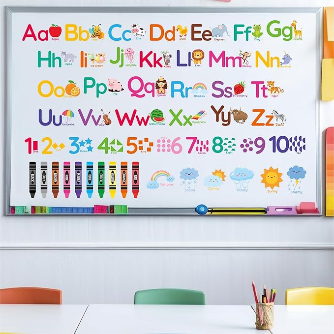 Animal Alphabet Numbers Wall Decals - 6 Sheets 55 Pcs Colorful Educational Wall Decor Peel and Stick Removable Numbers Letters ABC Stickers for Kids Daycare Nursery Playroom Classroom Bedroom