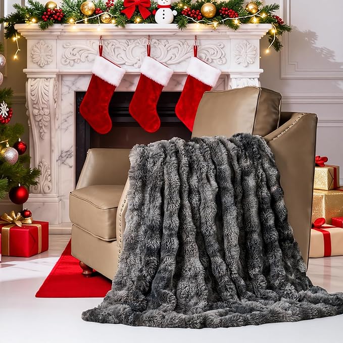 Lotus Karen Faux Fur Blanket Tie-Dye Dark Gray Twin Size - Big Bubble Rabbit Fluff Throw for Couch Small Fluffy Fuzzy Cozy Thick Furry Plush Shaggy Blankets 60x80 Inches